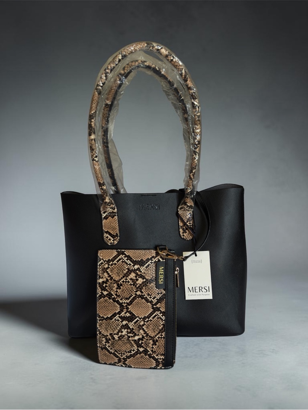 Black Tote with Snake-Print Trim and Matching Wallet